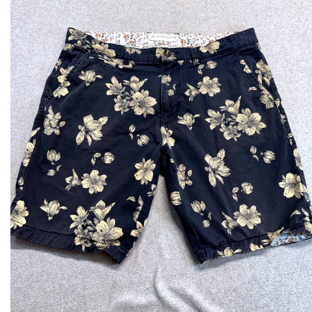 Denim & Flower Ricky Singh Men's 34 Navy Floral Chino Shorts Flat Front Summer